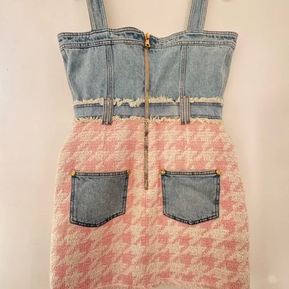 Balmain Paris Denim & Pink Tweed Houndstooth Mini Dress with Gold Buttons - Picture 7 of 13